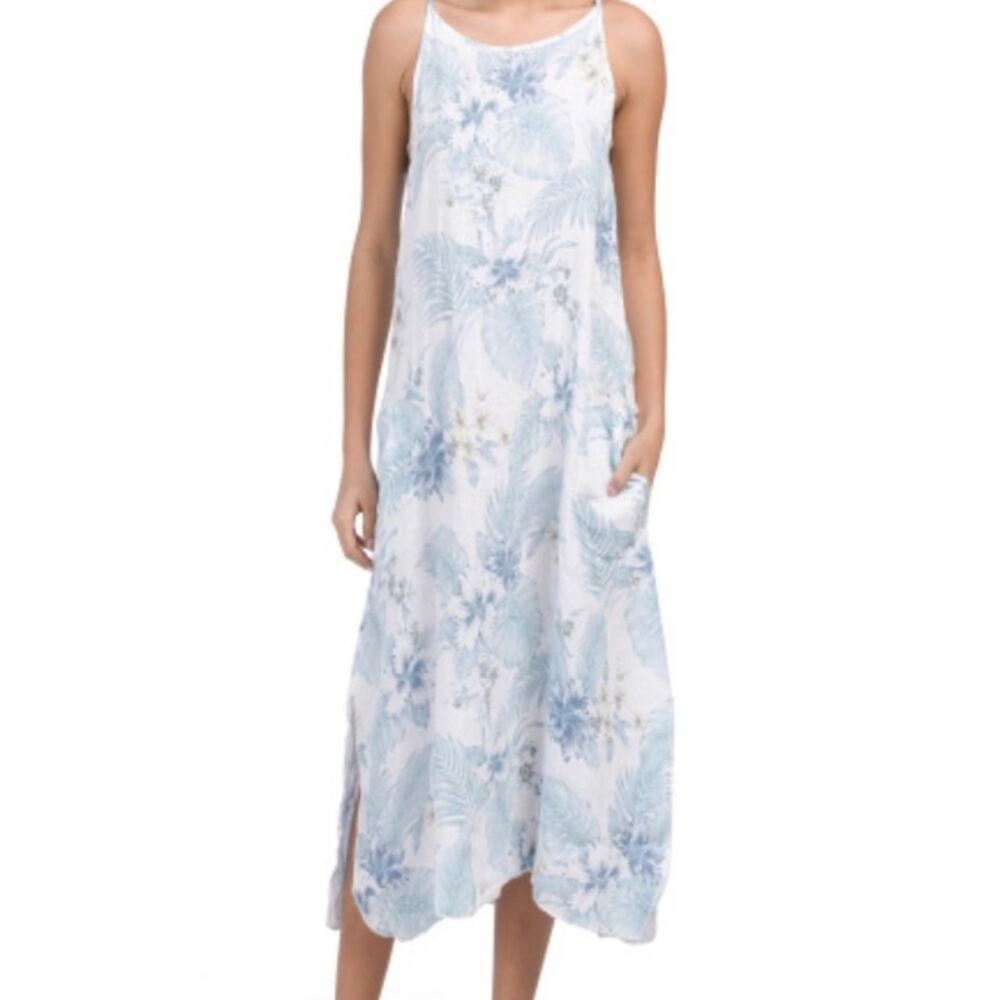 Lungo L’arno SMALL 100% Linen Sleeveless Midi Dress Floral A-Line Pocket Summer